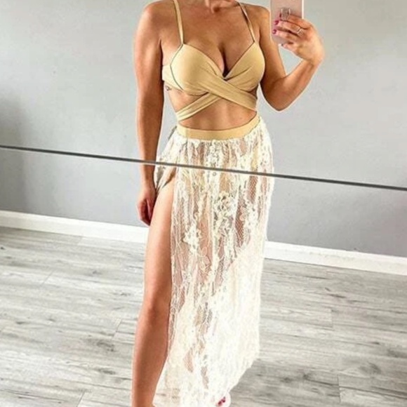 Boho Floral Lace Twist Bikini Skirt Cover up Beach Set - Picture 1 of 6